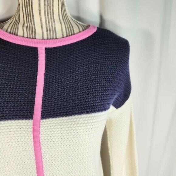 Talbots White Navy Pink Long Sleeve Zipper Slits Tunic Sweater Size Small - Picture 2 of 7
